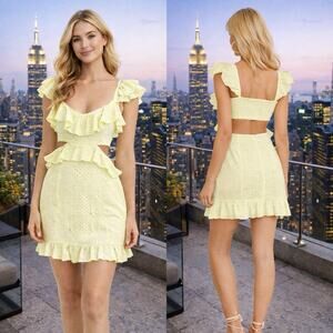Majorelle Yellow Eyelet Ruffle Peplum Mini Dress Smocked Back Size M Cottagecore